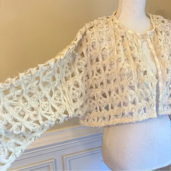 ZARA Cream Open Knit Chiffon Rosette Rose Floral Cropped Jacket Bolero NWT - Picture 6 of 11